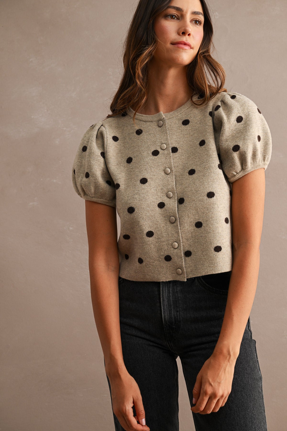 Polka Dot Puff Sleeve Knit Cardigan