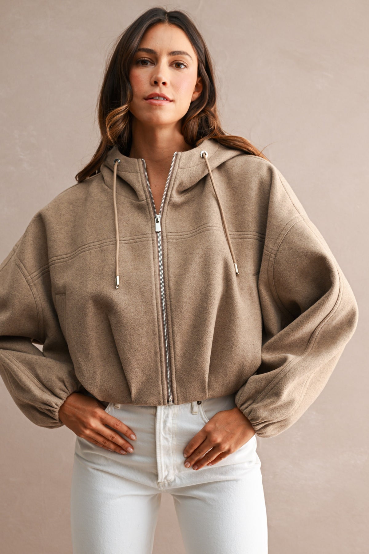 Cropped Balloon Sleeve Bubble Hem Zip-Up Jacket