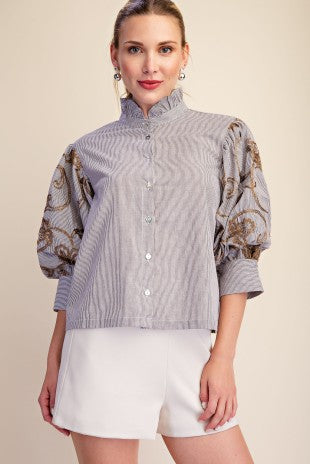 Ruffle Neck Embroidered Puff Sleeve Blouse