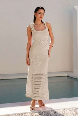 3d Floral Applique Knit Maxi Dress