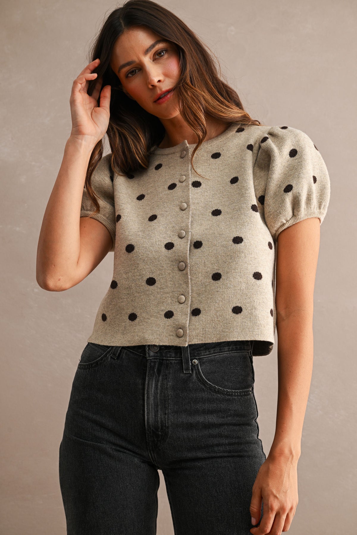 Polka Dot Puff Sleeve Knit Cardigan