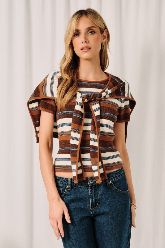 Round Neck Half Sleeve Cape Layered Stripe Top