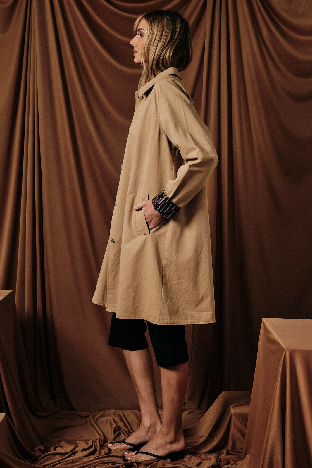 Button Down Light Weight Trench Coat With Stripe