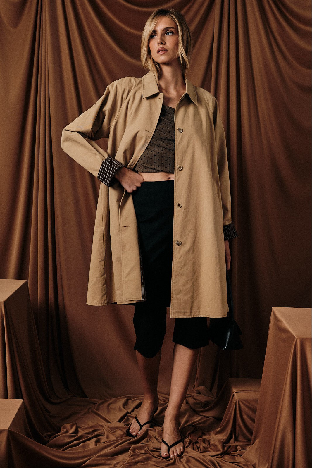 Button Down Light Weight Trench Coat With Stripe