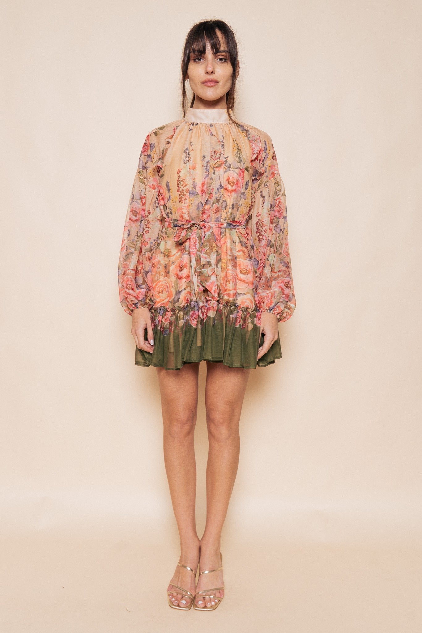Sheer Mock Neck Flowy Mini Dress With Tie Belt