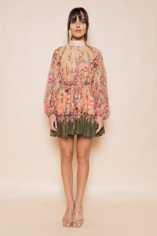 Sheer Mock Neck Flowy Mini Dress With Tie Belt