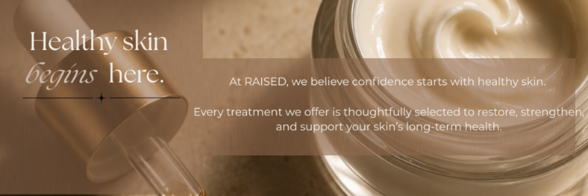 A promotional banner with the text 'Healthy skin begins here.' and descriptive copy over a warm-toned close-up of a cosmetic jar filled with cream and a dropper.