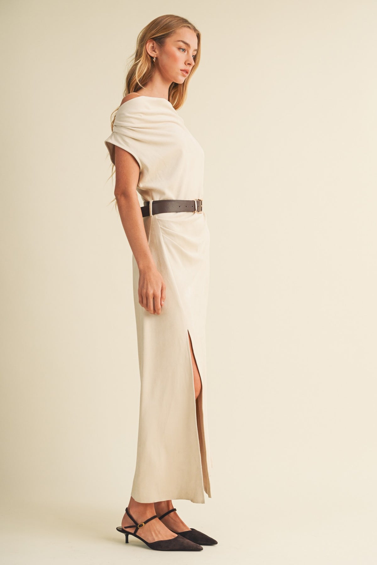 Sueded Knit Asymmetric Cowl Maxi Dress