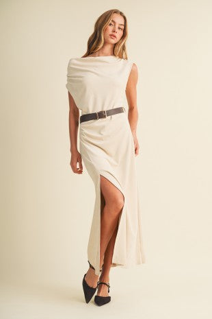 Sueded Knit Asymmetric Cowl Maxi Dress