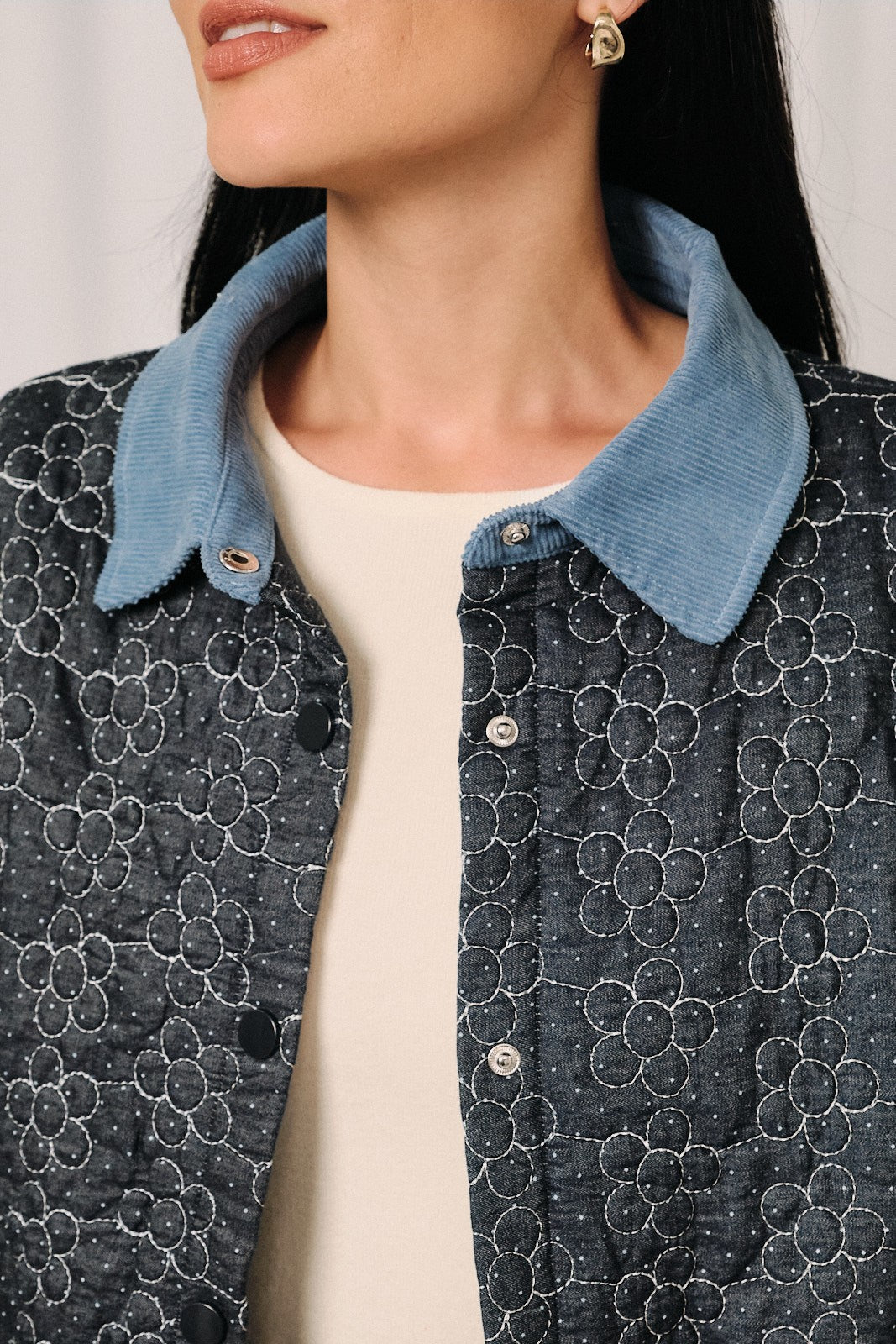 Floral Quilted Snap-Front Corduroy Jacket