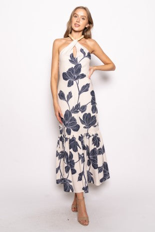Floral Beaded Halter Maxi Dress