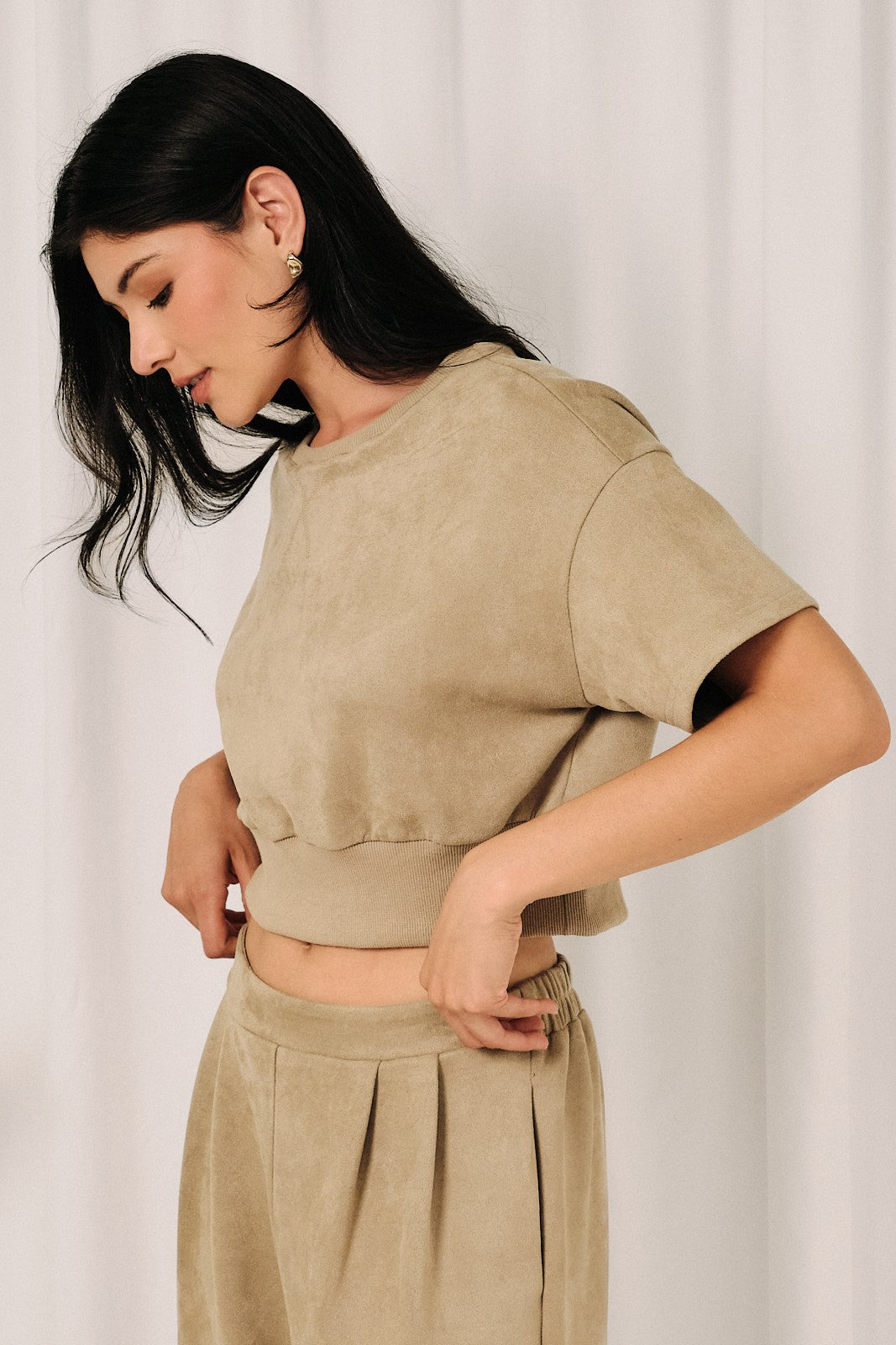 Faux Suede Cropped Ribbed Crew Neck Top