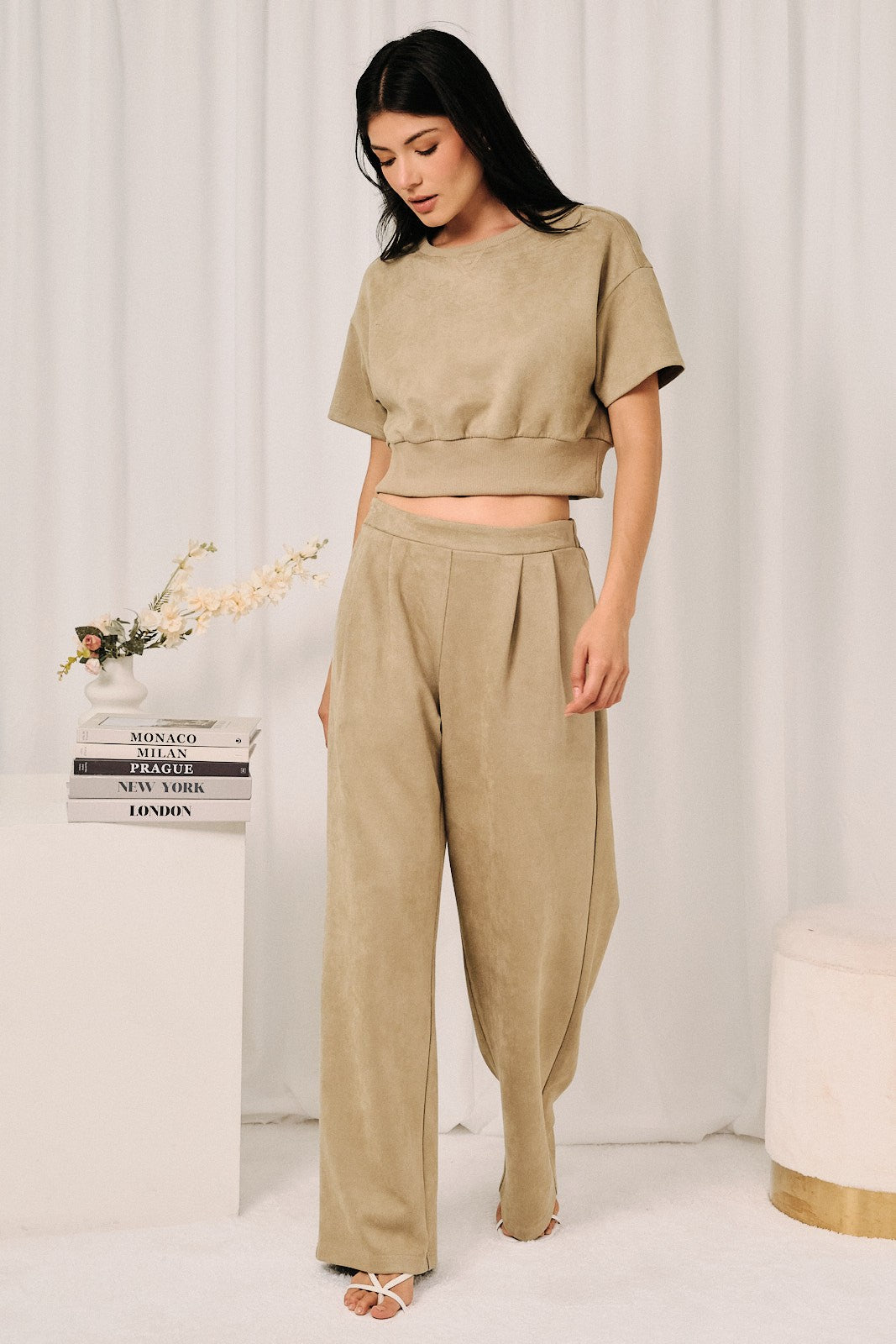 High-Rise Pleated Faux Suede Wide-Leg Pants