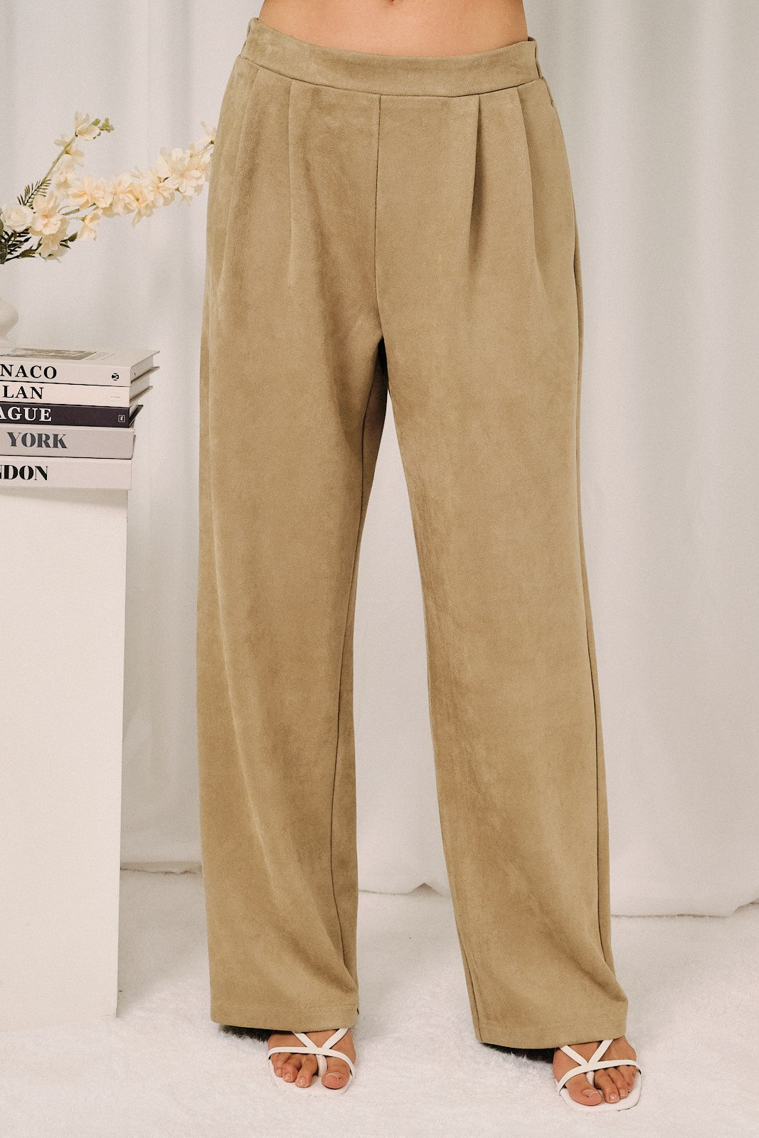 High-Rise Pleated Faux Suede Wide-Leg Pants